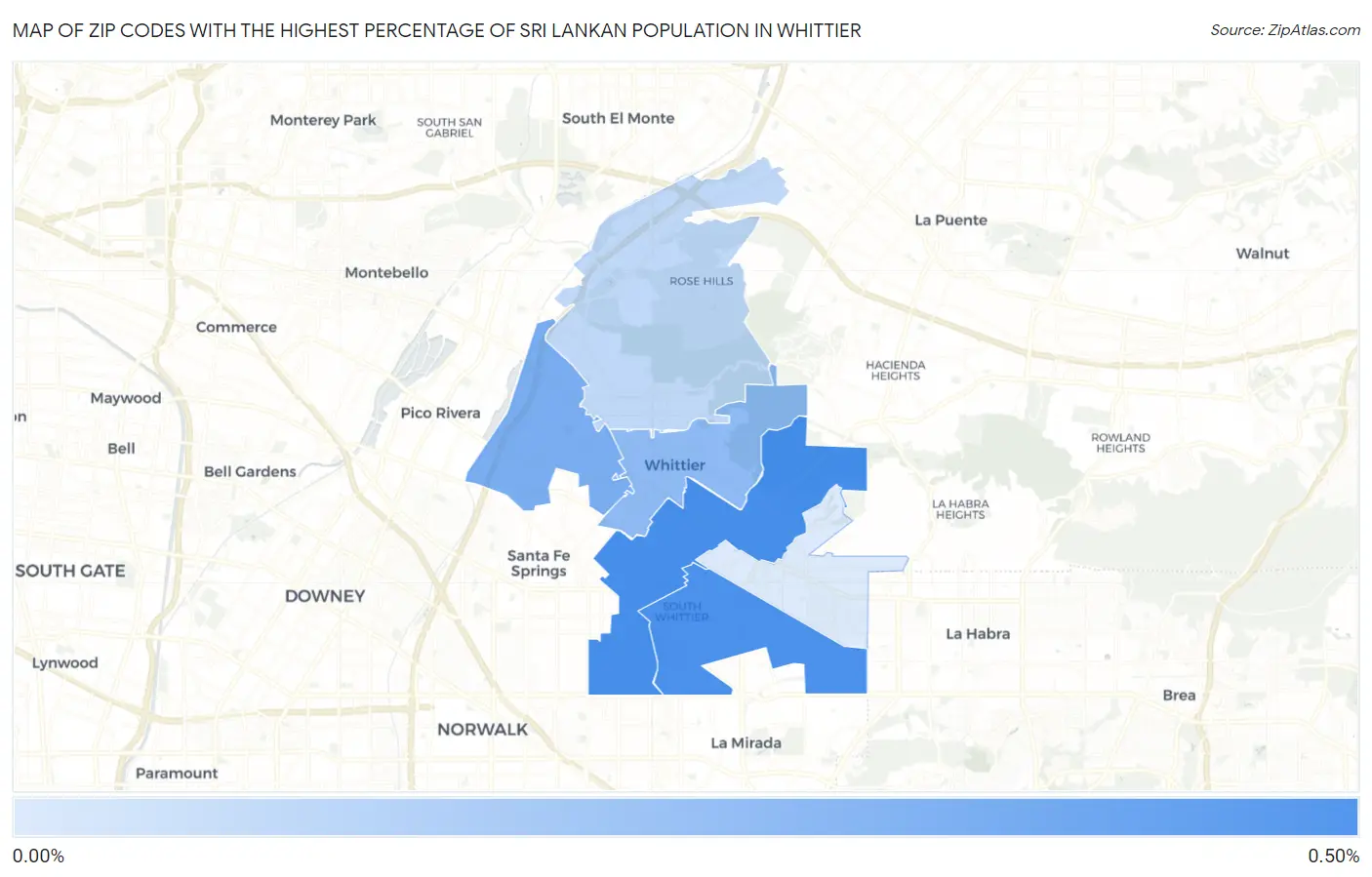 Zip Codes with the Highest Percentage of Sri Lankan Population in Whittier Map