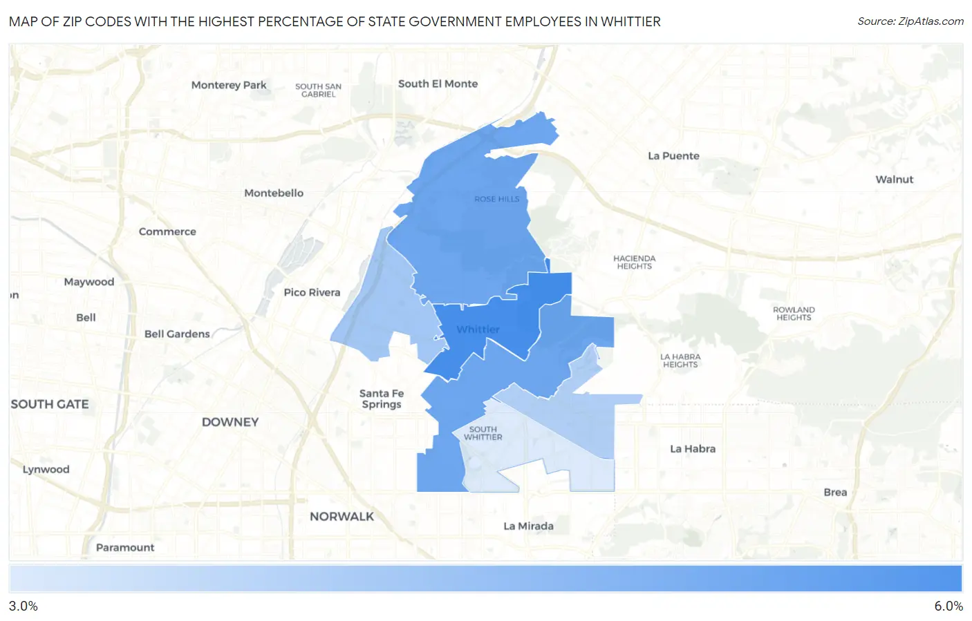 Zip Codes with the Highest Percentage of State Government Employees in Whittier Map