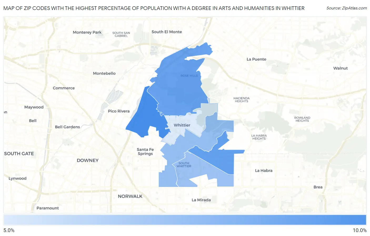 Zip Codes with the Highest Percentage of Population with a Degree in Arts and Humanities in Whittier Map