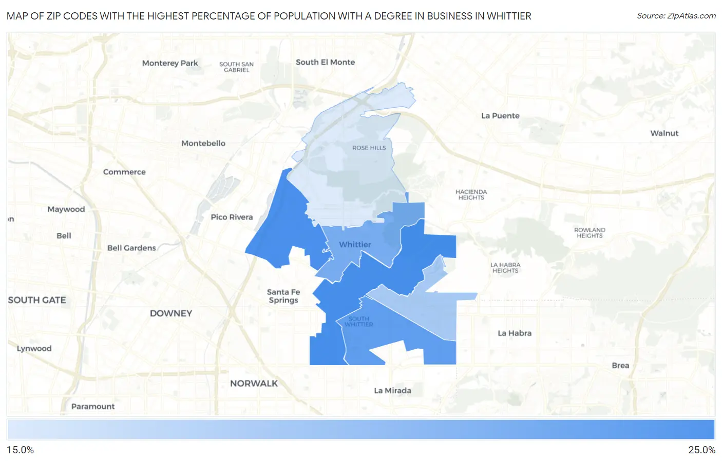 Zip Codes with the Highest Percentage of Population with a Degree in Business in Whittier Map