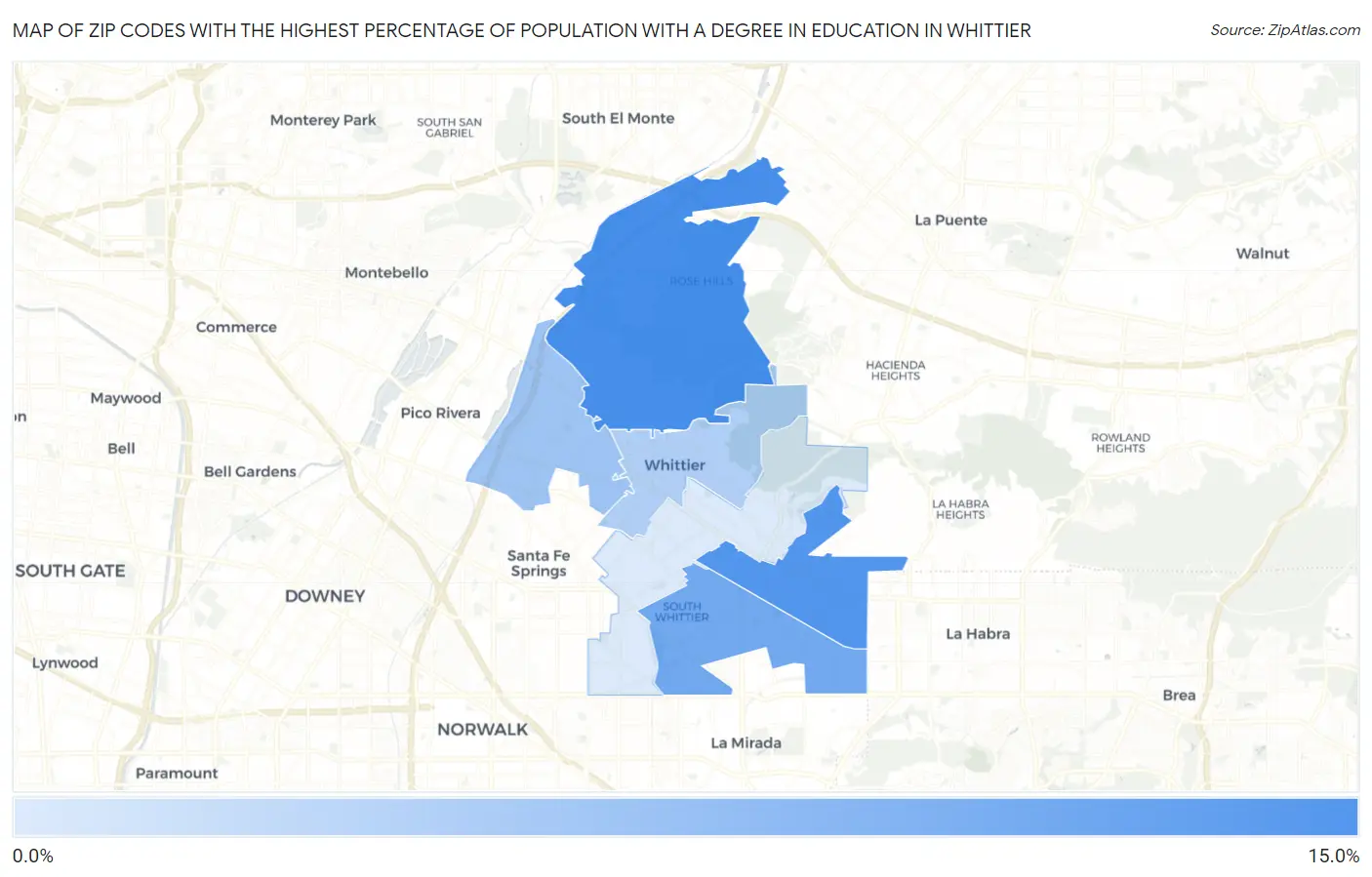 Zip Codes with the Highest Percentage of Population with a Degree in Education in Whittier Map