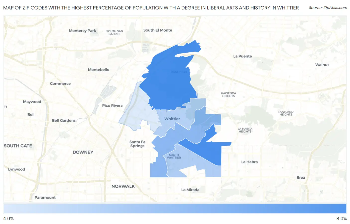Zip Codes with the Highest Percentage of Population with a Degree in Liberal Arts and History in Whittier Map