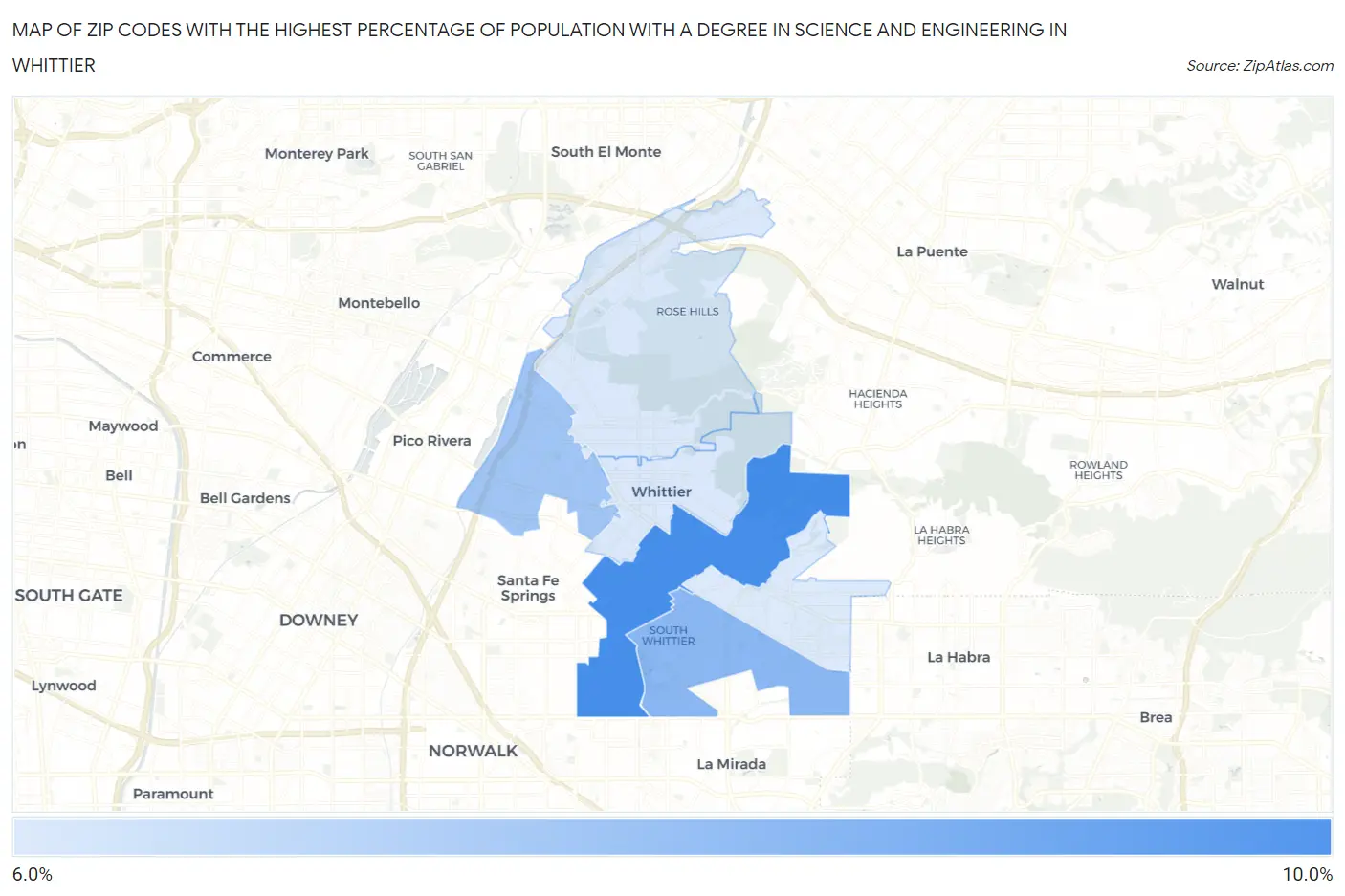 Zip Codes with the Highest Percentage of Population with a Degree in Science and Engineering in Whittier Map