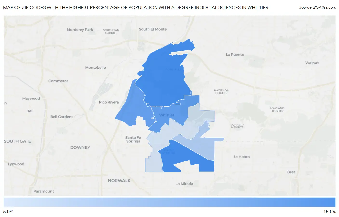 Zip Codes with the Highest Percentage of Population with a Degree in Social Sciences in Whittier Map