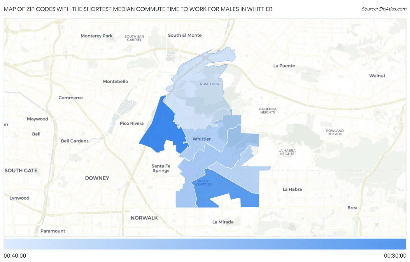 Zip Codes with the Shortest Median Commute Time to Work for Males in Whittier Map