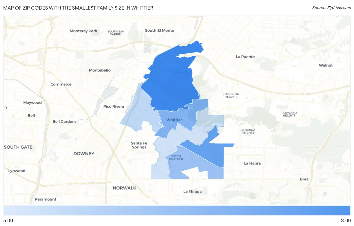 Zip Codes with the Smallest Family Size in Whittier Map