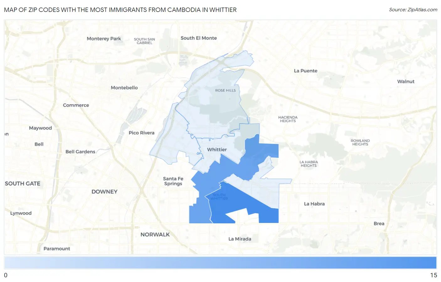 Zip Codes with the Most Immigrants from Cambodia in Whittier Map