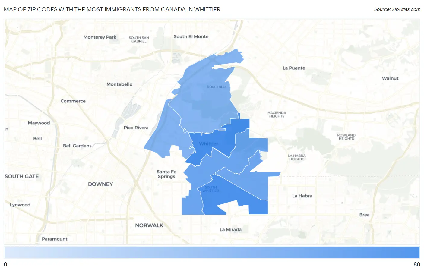 Zip Codes with the Most Immigrants from Canada in Whittier Map