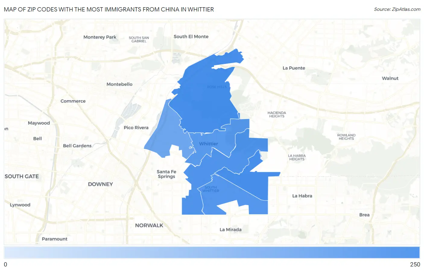 Zip Codes with the Most Immigrants from China in Whittier Map