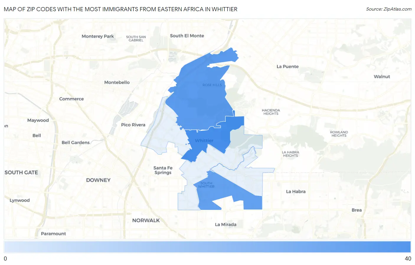 Zip Codes with the Most Immigrants from Eastern Africa in Whittier Map