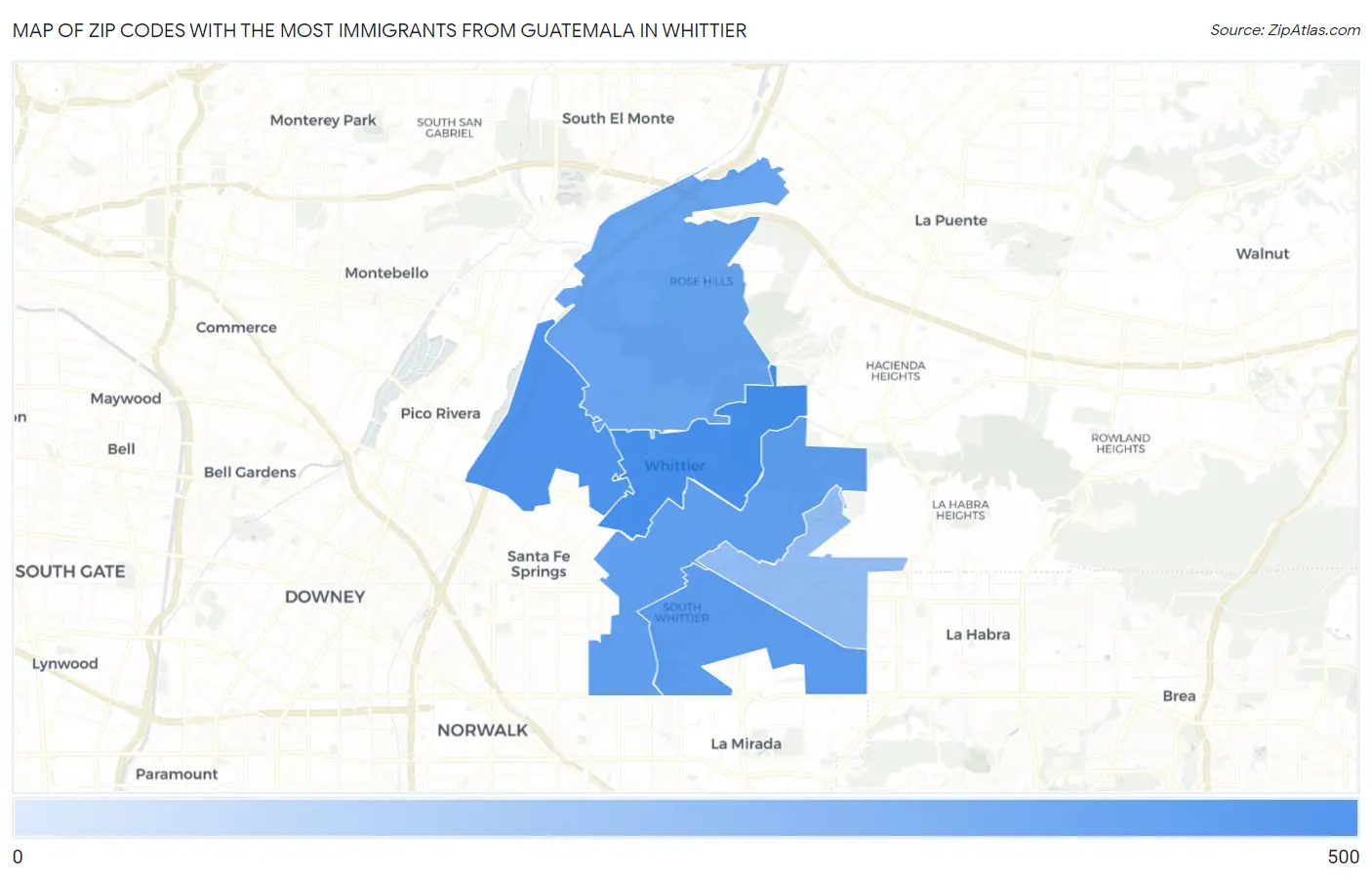 Zip Codes with the Most Immigrants from Guatemala in Whittier Map