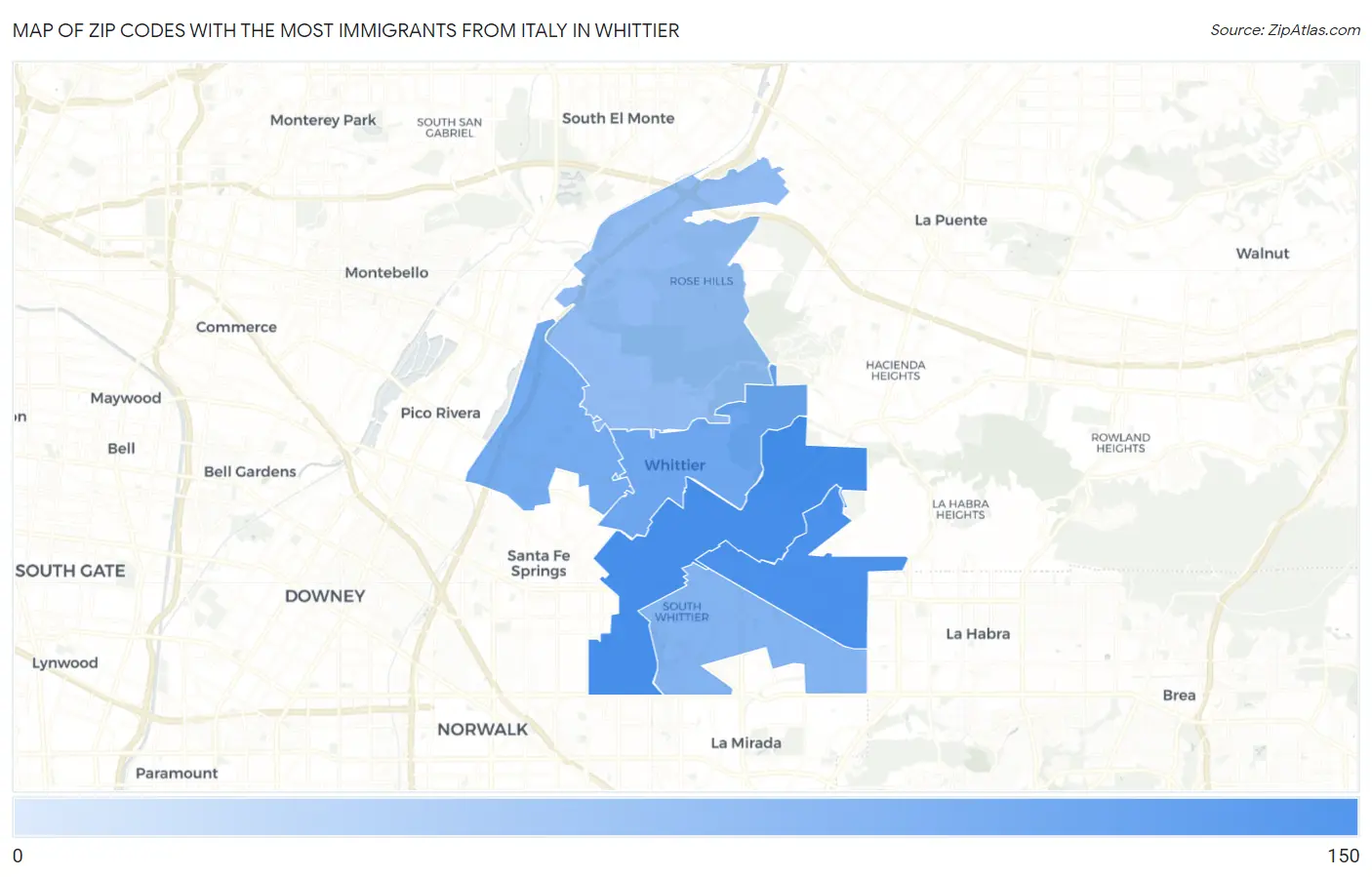 Zip Codes with the Most Immigrants from Italy in Whittier Map