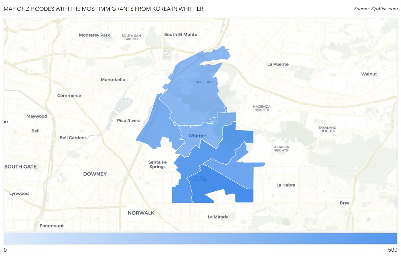 Zip Codes with the Most Immigrants from Korea in Whittier Map