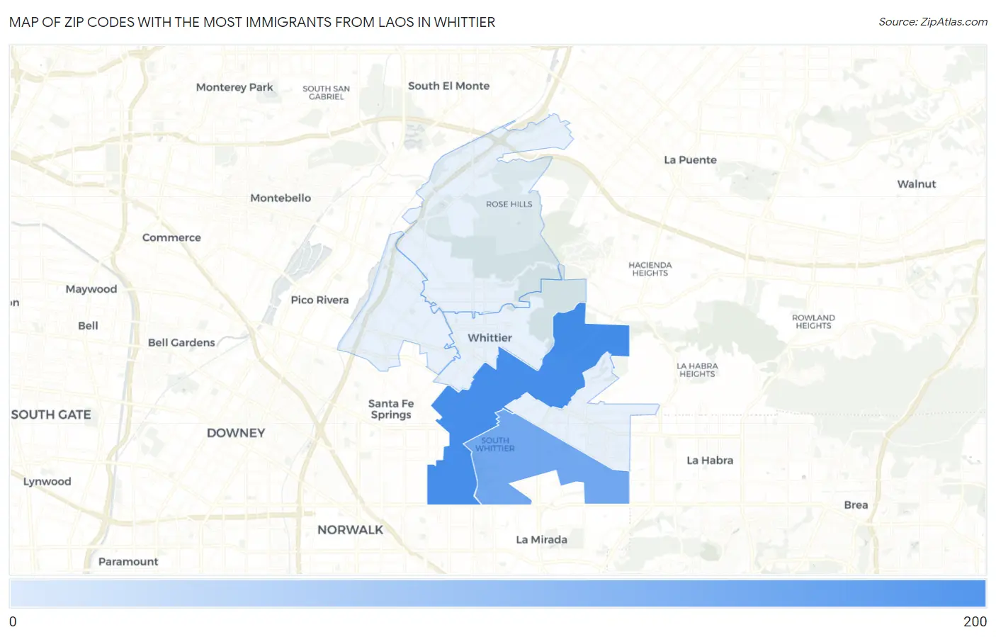 Zip Codes with the Most Immigrants from Laos in Whittier Map
