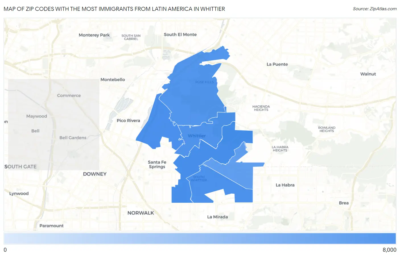 Zip Codes with the Most Immigrants from Latin America in Whittier Map