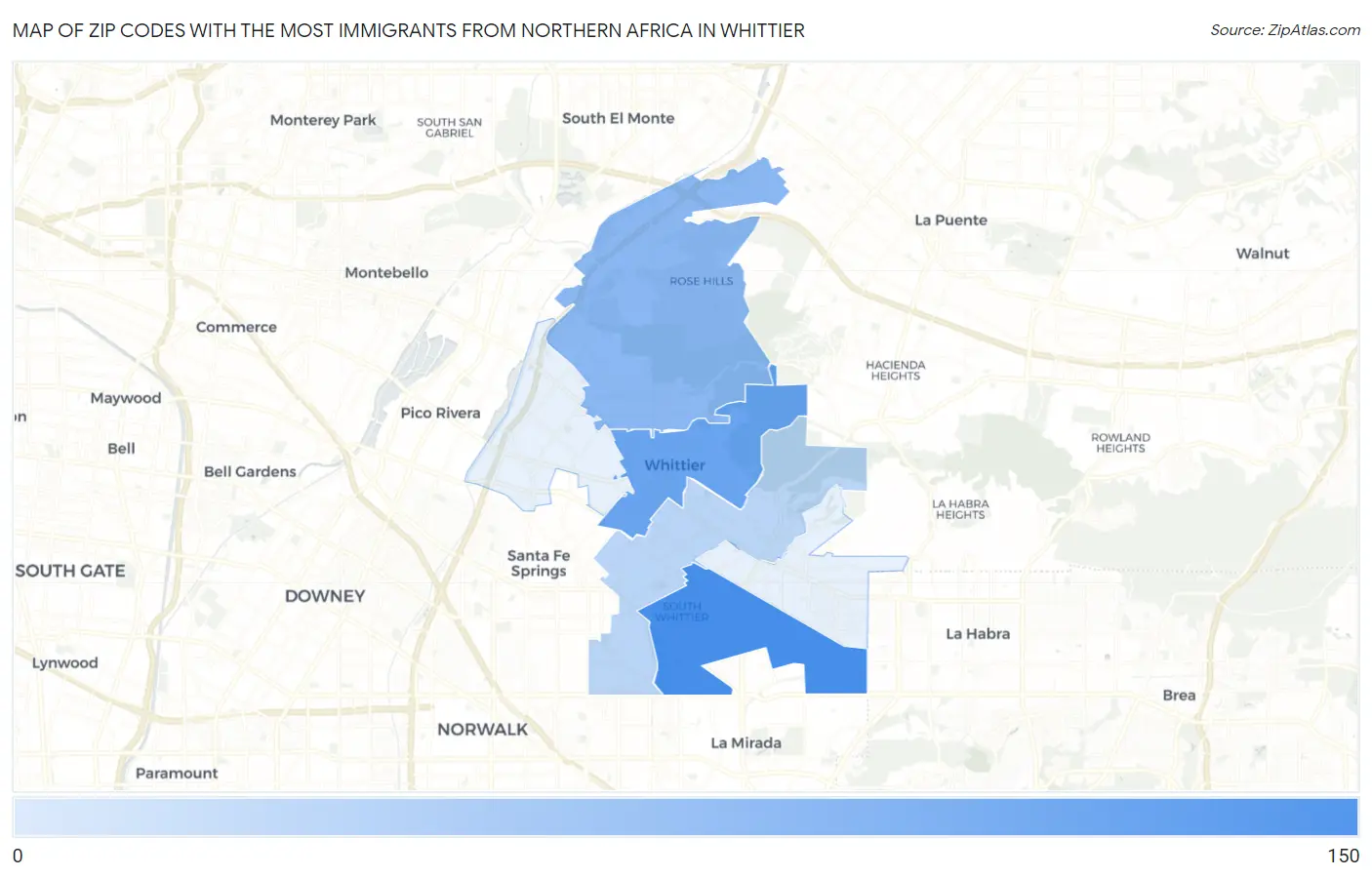 Zip Codes with the Most Immigrants from Northern Africa in Whittier Map