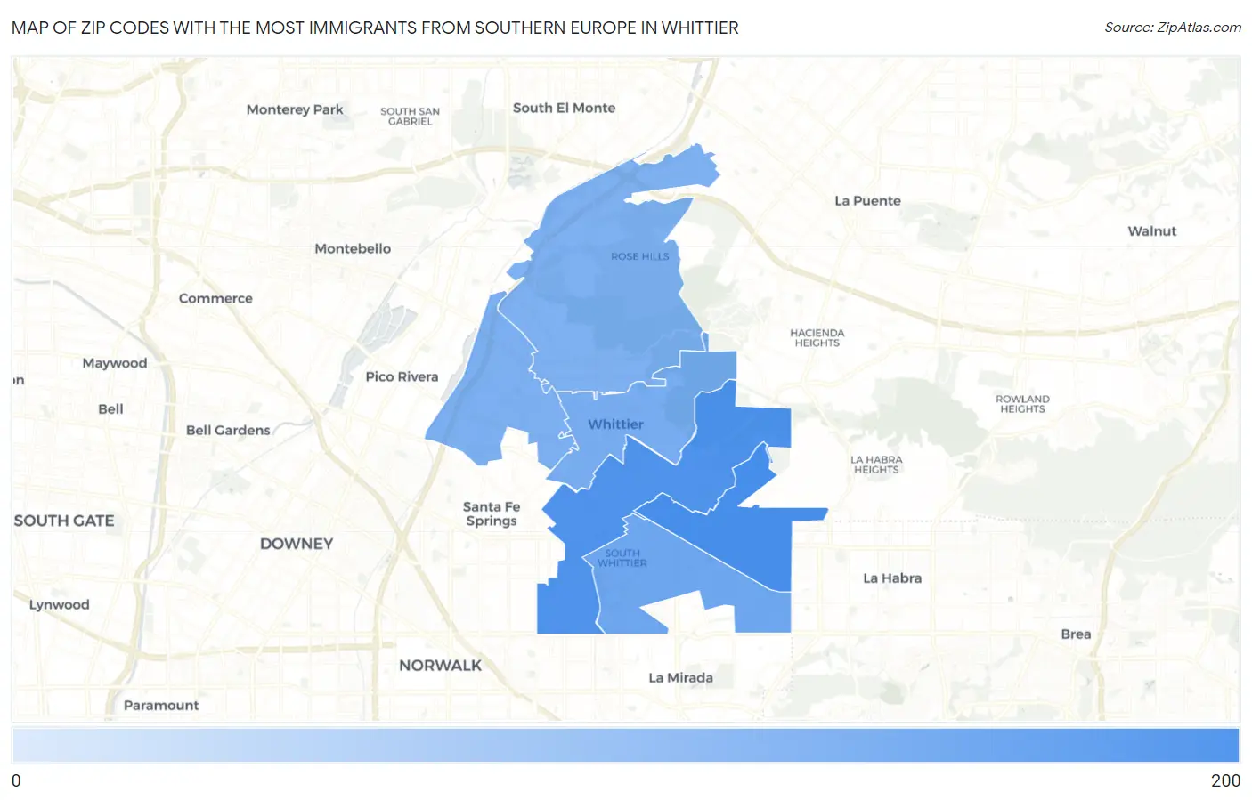 Zip Codes with the Most Immigrants from Southern Europe in Whittier Map