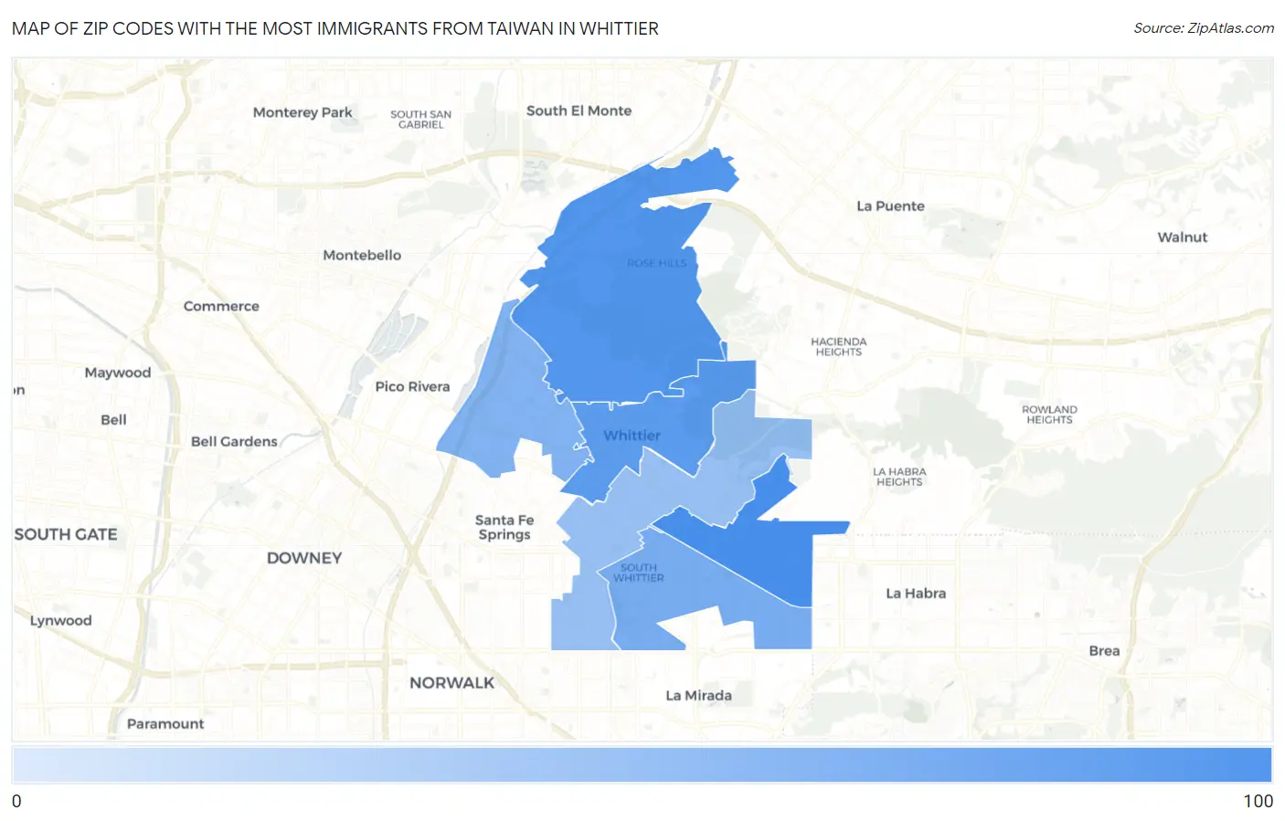 Zip Codes with the Most Immigrants from Taiwan in Whittier Map
