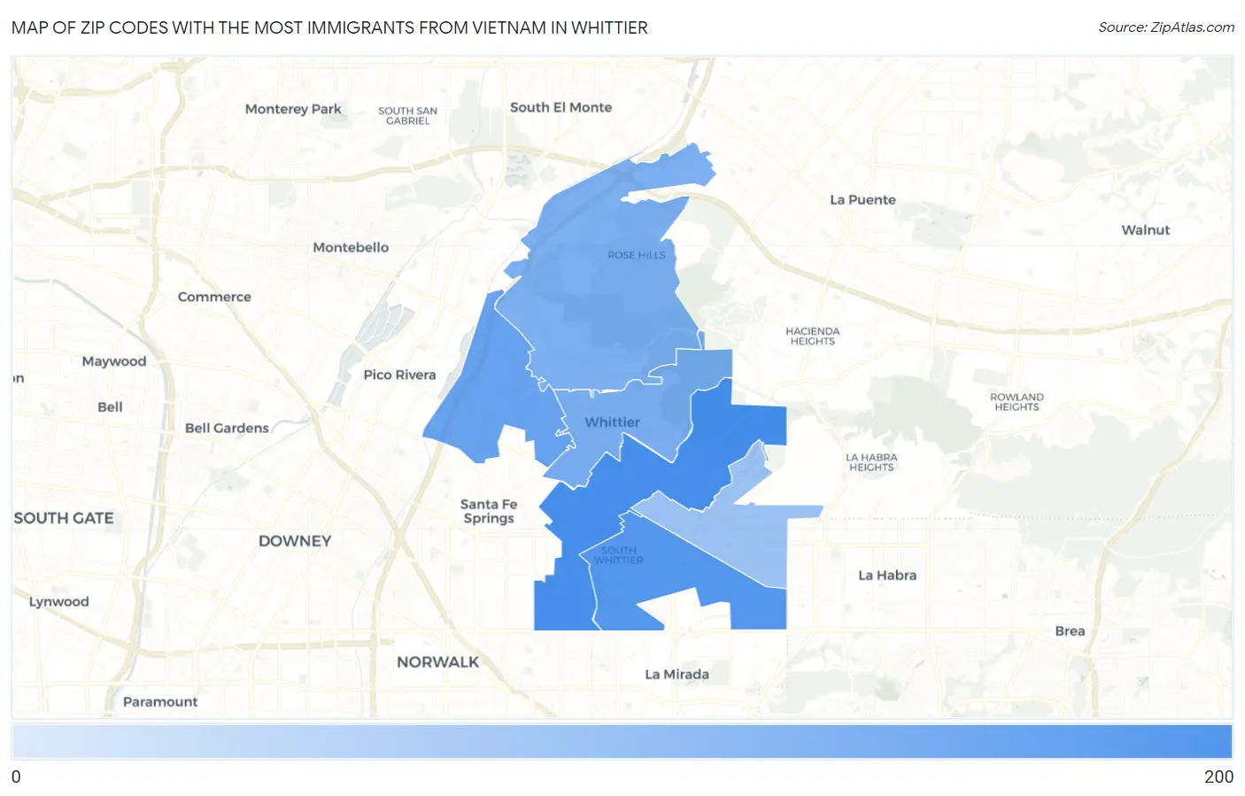 Zip Codes with the Most Immigrants from Vietnam in Whittier Map