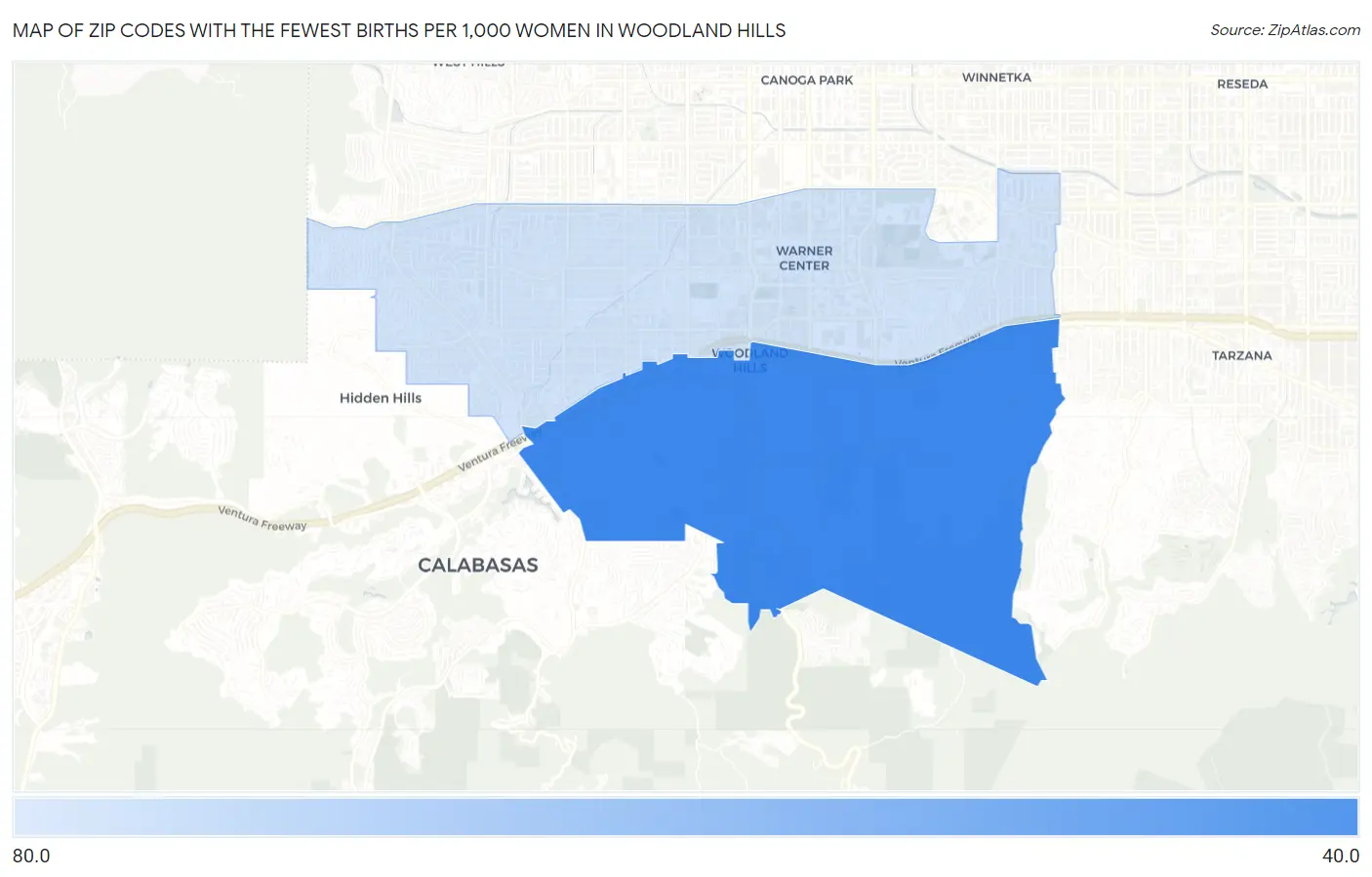 Zip Codes with the Fewest Births per 1,000 Women in Woodland Hills Map