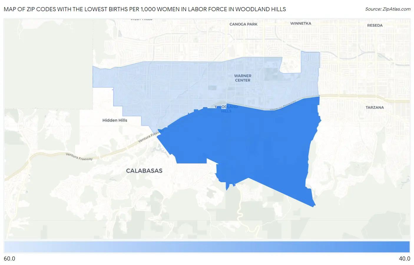 Zip Codes with the Lowest Births per 1,000 Women in Labor Force in Woodland Hills Map