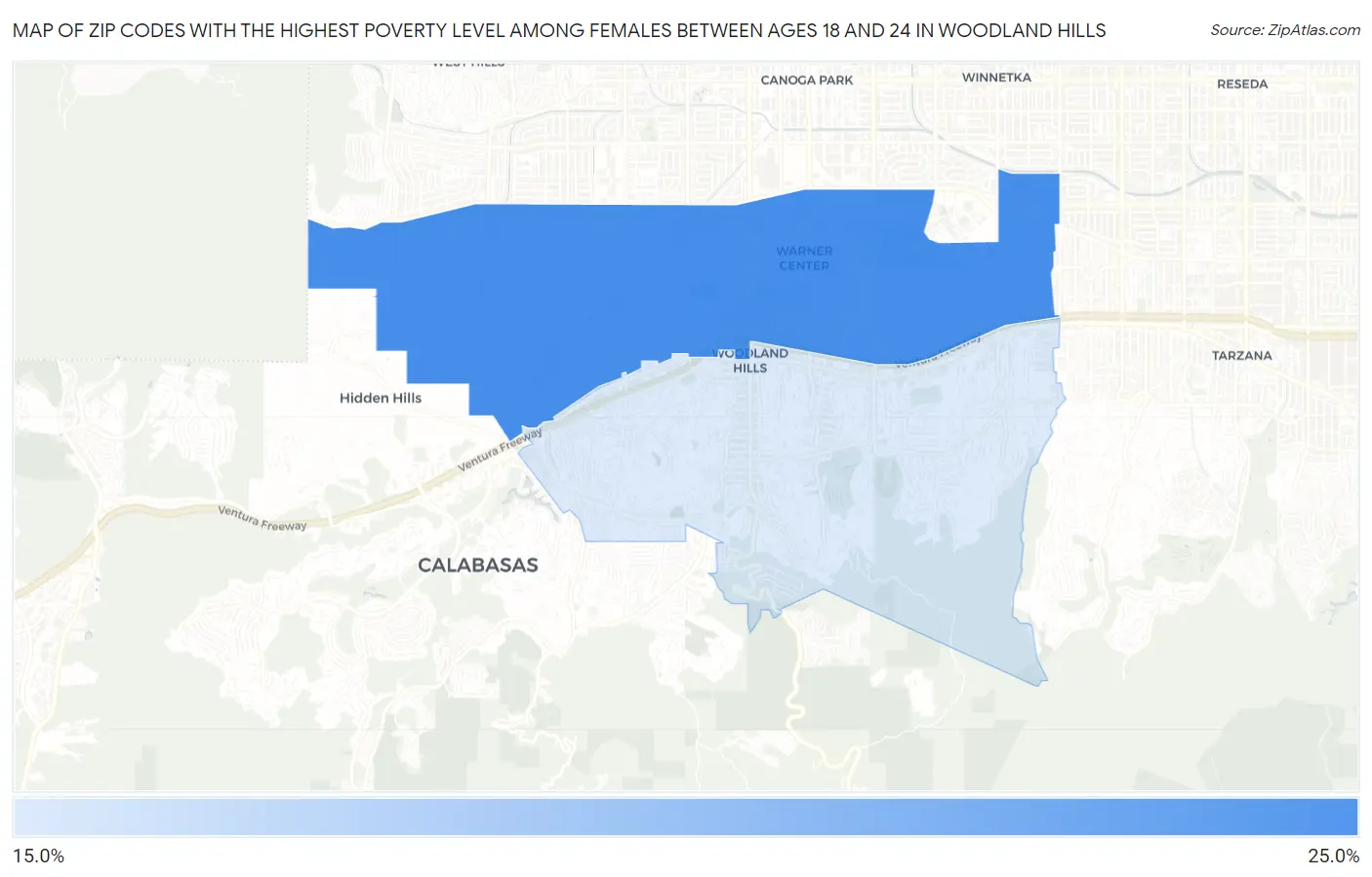 Zip Codes with the Highest Poverty Level Among Females Between Ages 18 and 24 in Woodland Hills Map