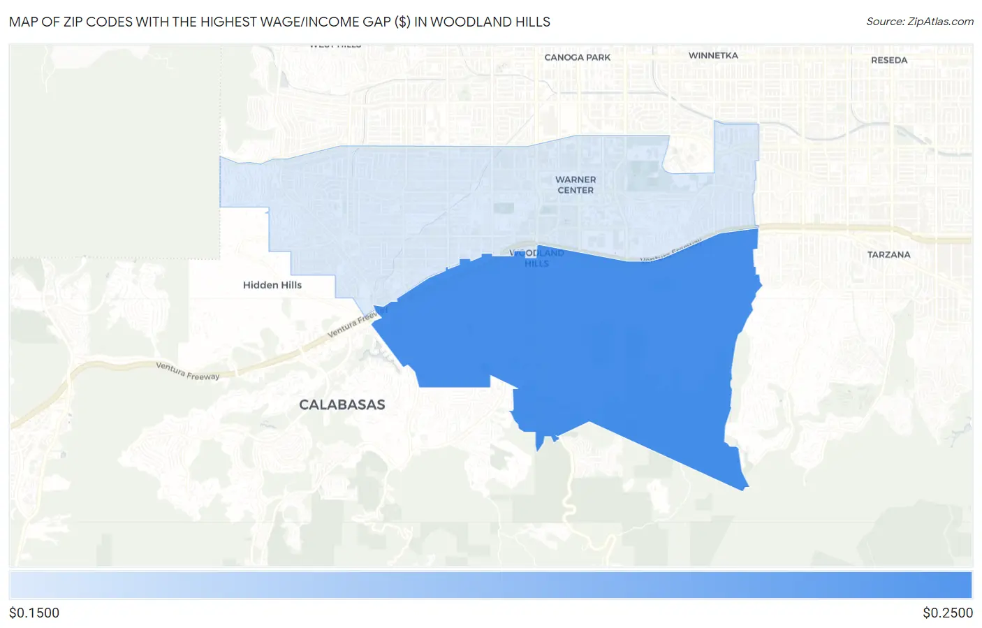 Zip Codes with the Highest Wage/Income Gap ($) in Woodland Hills Map
