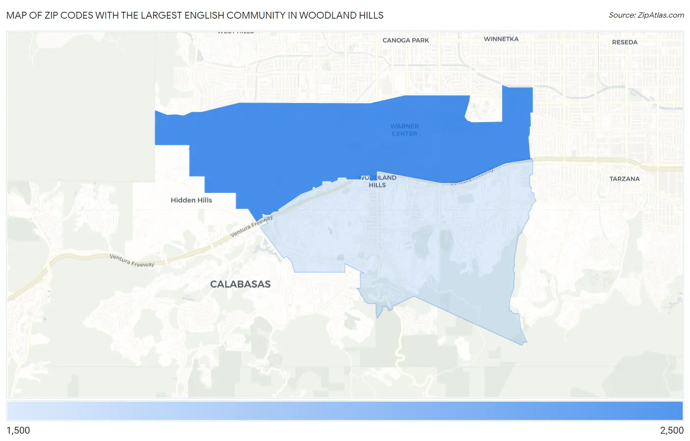 Zip Codes with the Largest English Community in Woodland Hills Map
