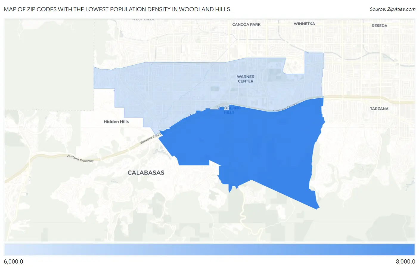 Zip Codes with the Lowest Population Density in Woodland Hills Map
