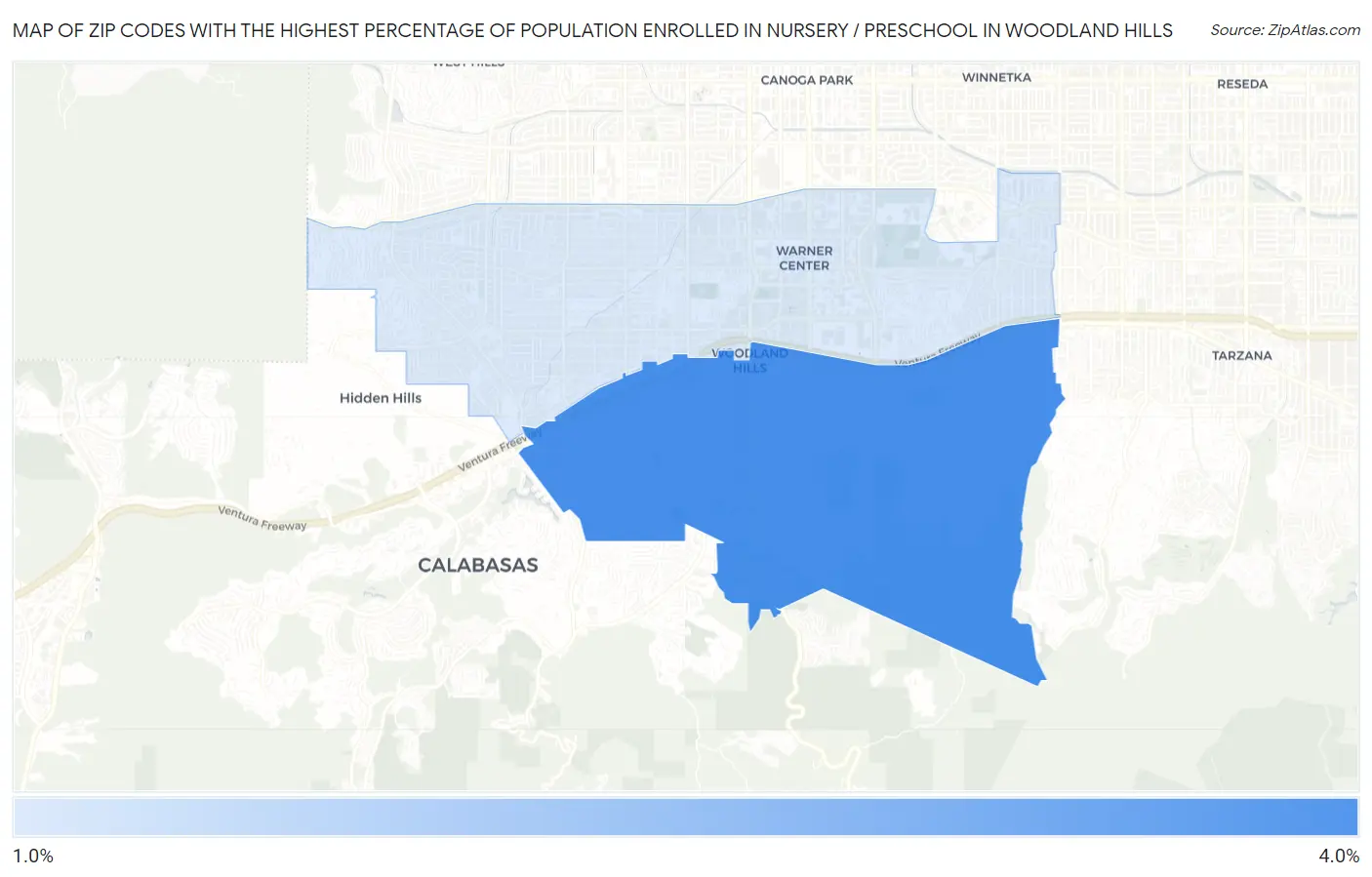 Zip Codes with the Highest Percentage of Population Enrolled in Nursery / Preschool in Woodland Hills Map