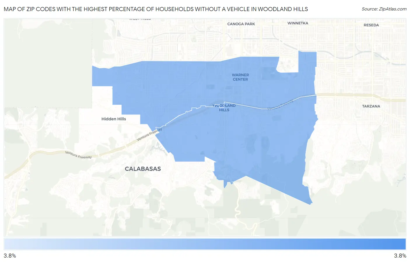 Zip Codes with the Highest Percentage of Households Without a Vehicle in Woodland Hills Map