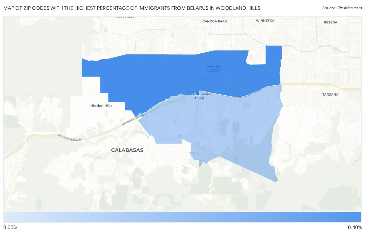 Zip Codes with the Highest Percentage of Immigrants from Belarus in Woodland Hills Map