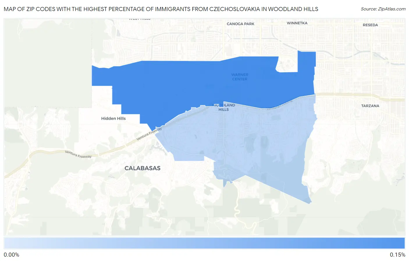 Zip Codes with the Highest Percentage of Immigrants from Czechoslovakia in Woodland Hills Map