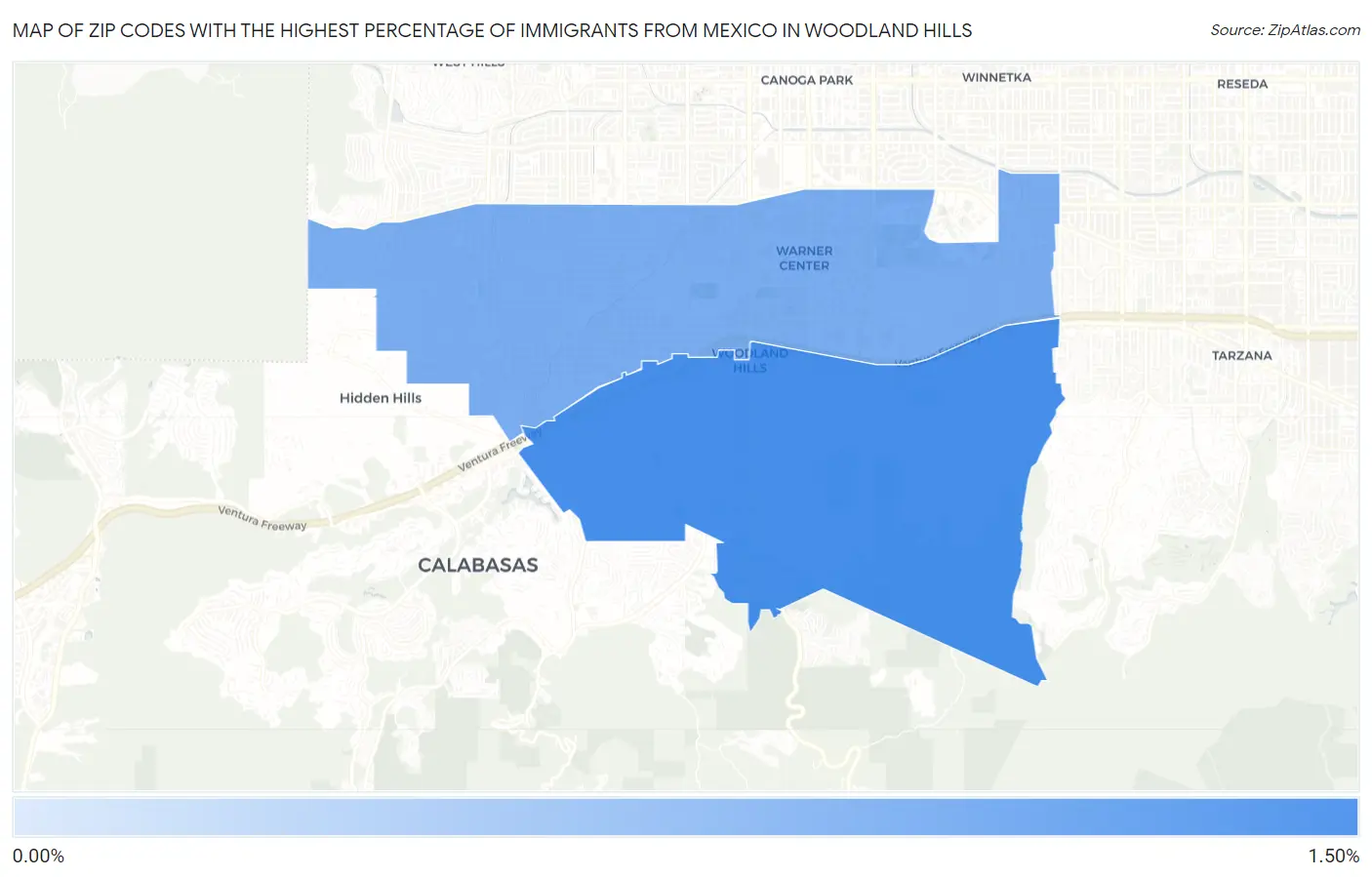 Zip Codes with the Highest Percentage of Immigrants from Mexico in Woodland Hills Map