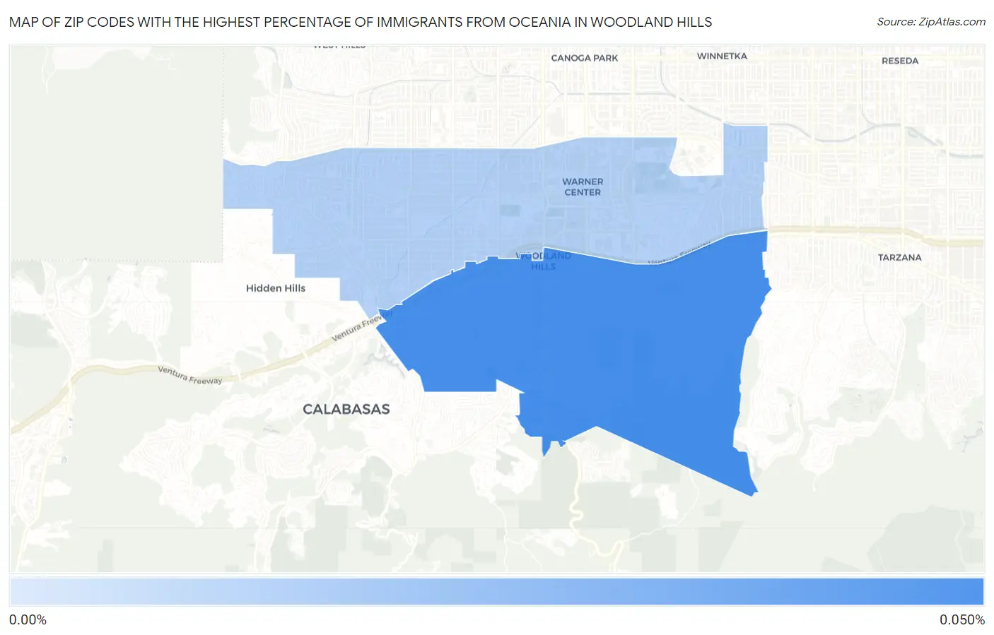 Zip Codes with the Highest Percentage of Immigrants from Oceania in Woodland Hills Map