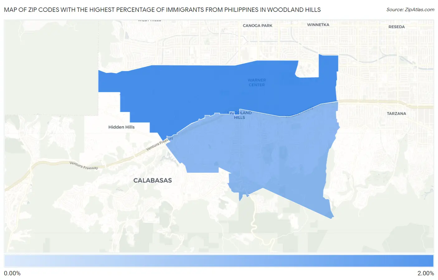 Zip Codes with the Highest Percentage of Immigrants from Philippines in Woodland Hills Map