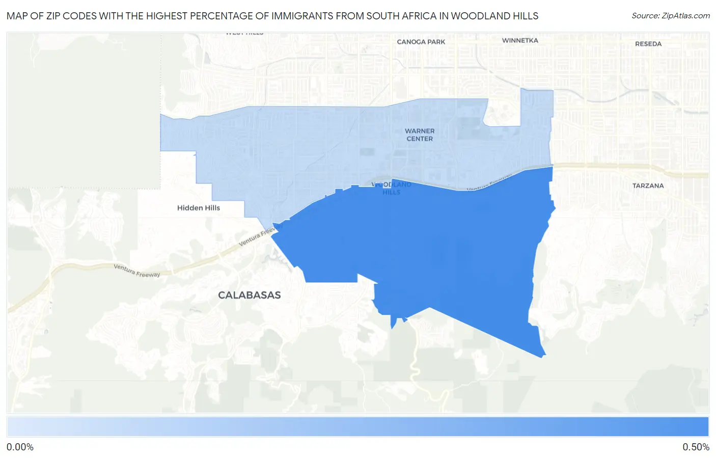 Zip Codes with the Highest Percentage of Immigrants from South Africa in Woodland Hills Map