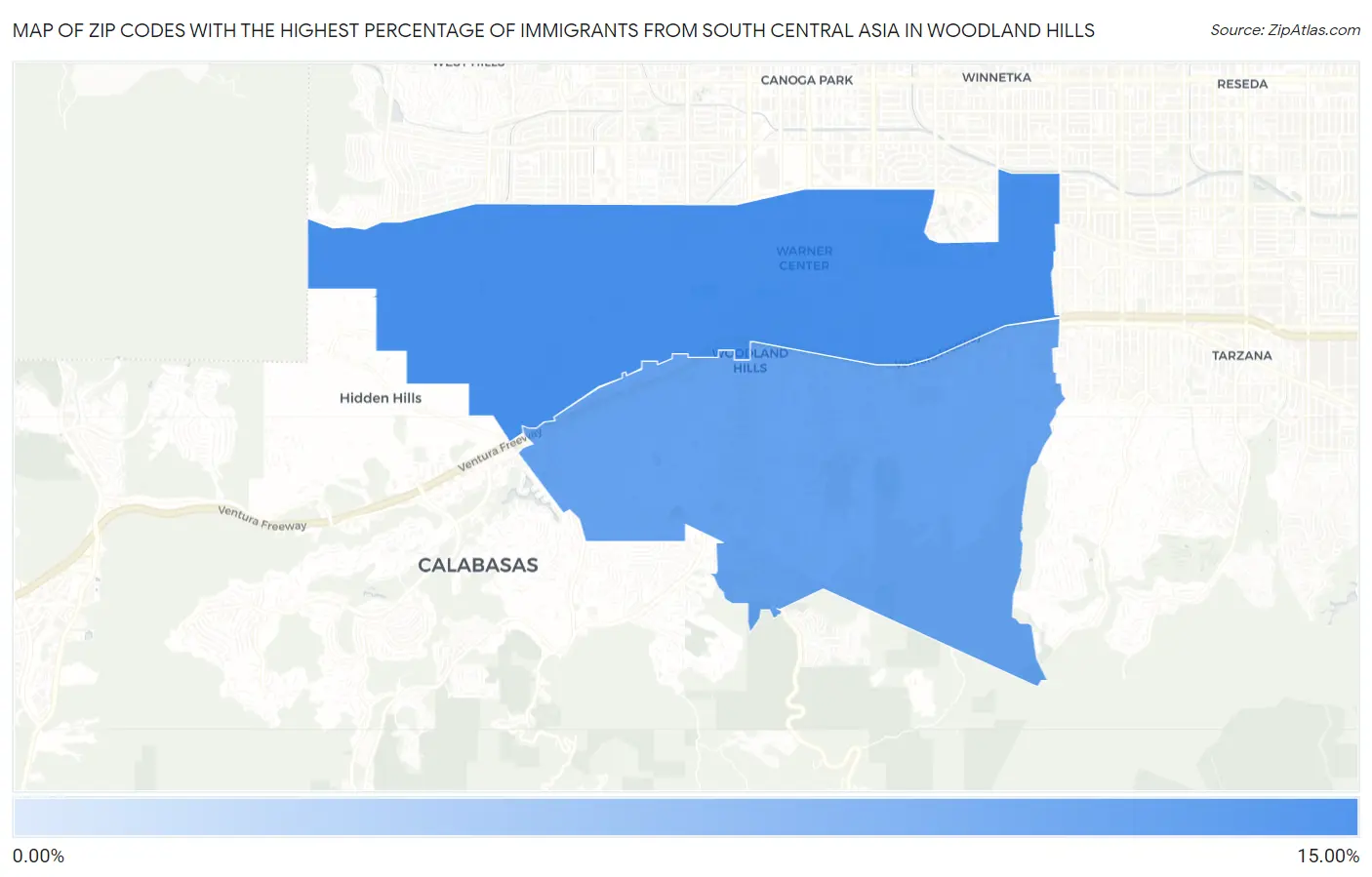 Zip Codes with the Highest Percentage of Immigrants from South Central Asia in Woodland Hills Map