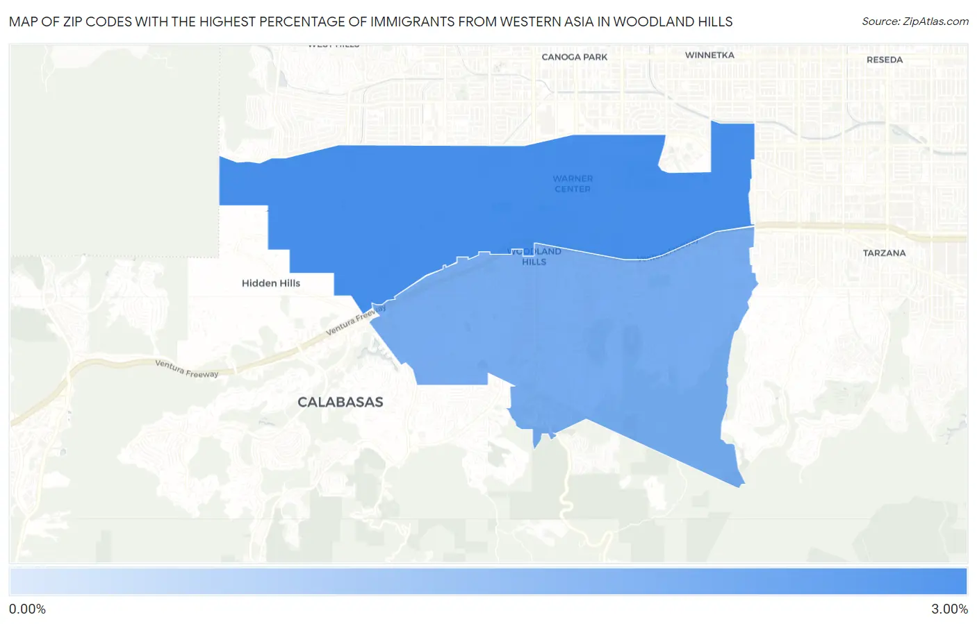 Zip Codes with the Highest Percentage of Immigrants from Western Asia in Woodland Hills Map