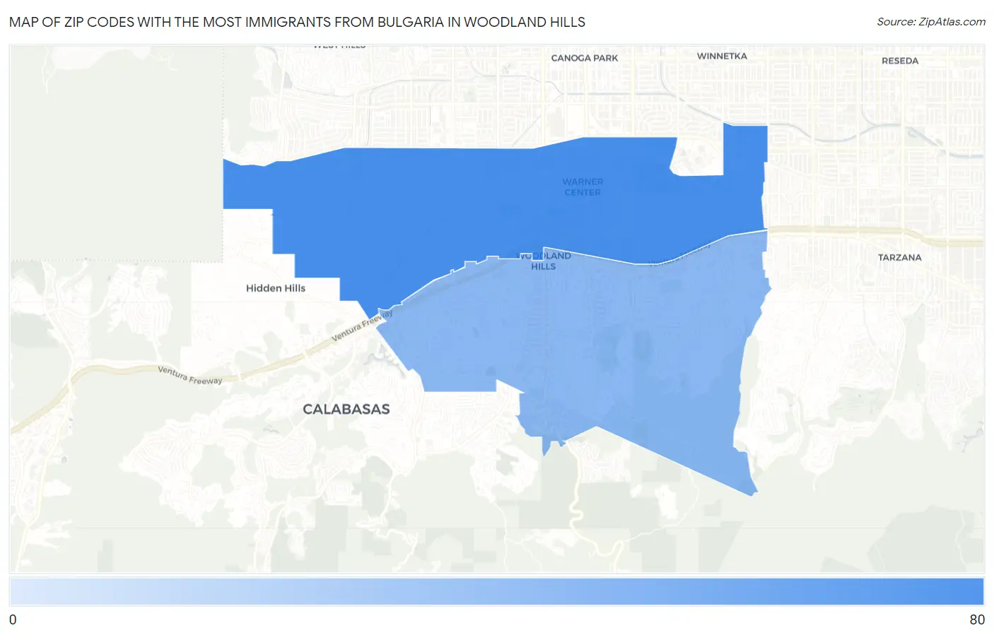 Zip Codes with the Most Immigrants from Bulgaria in Woodland Hills Map
