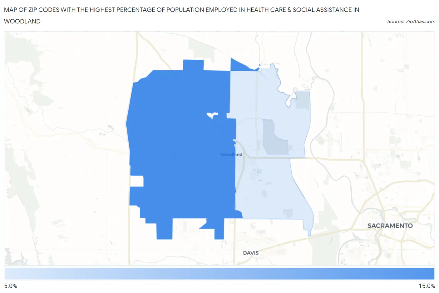 Zip Codes with the Highest Percentage of Population Employed in Health Care & Social Assistance in Woodland Map