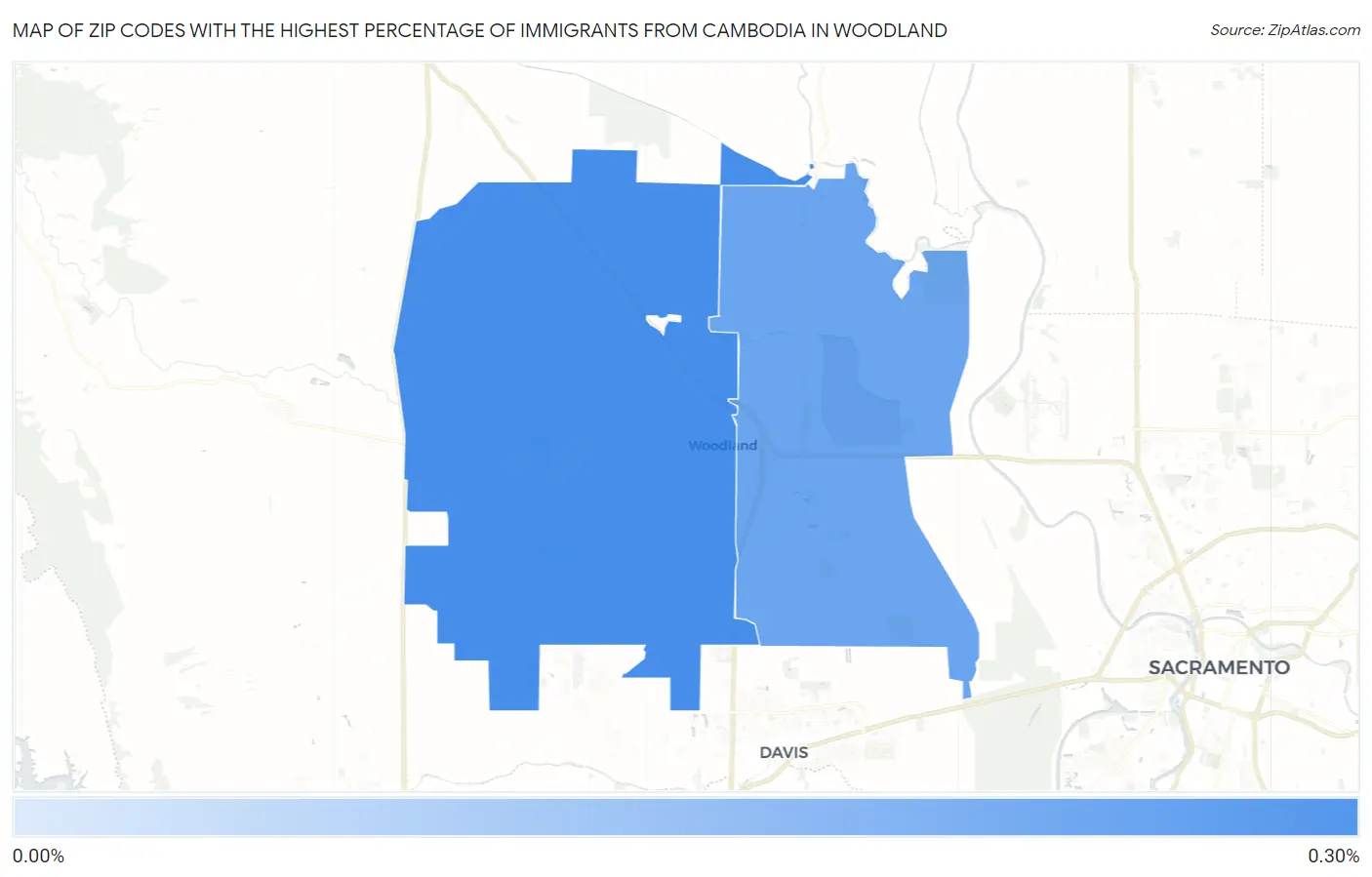 Zip Codes with the Highest Percentage of Immigrants from Cambodia in Woodland Map