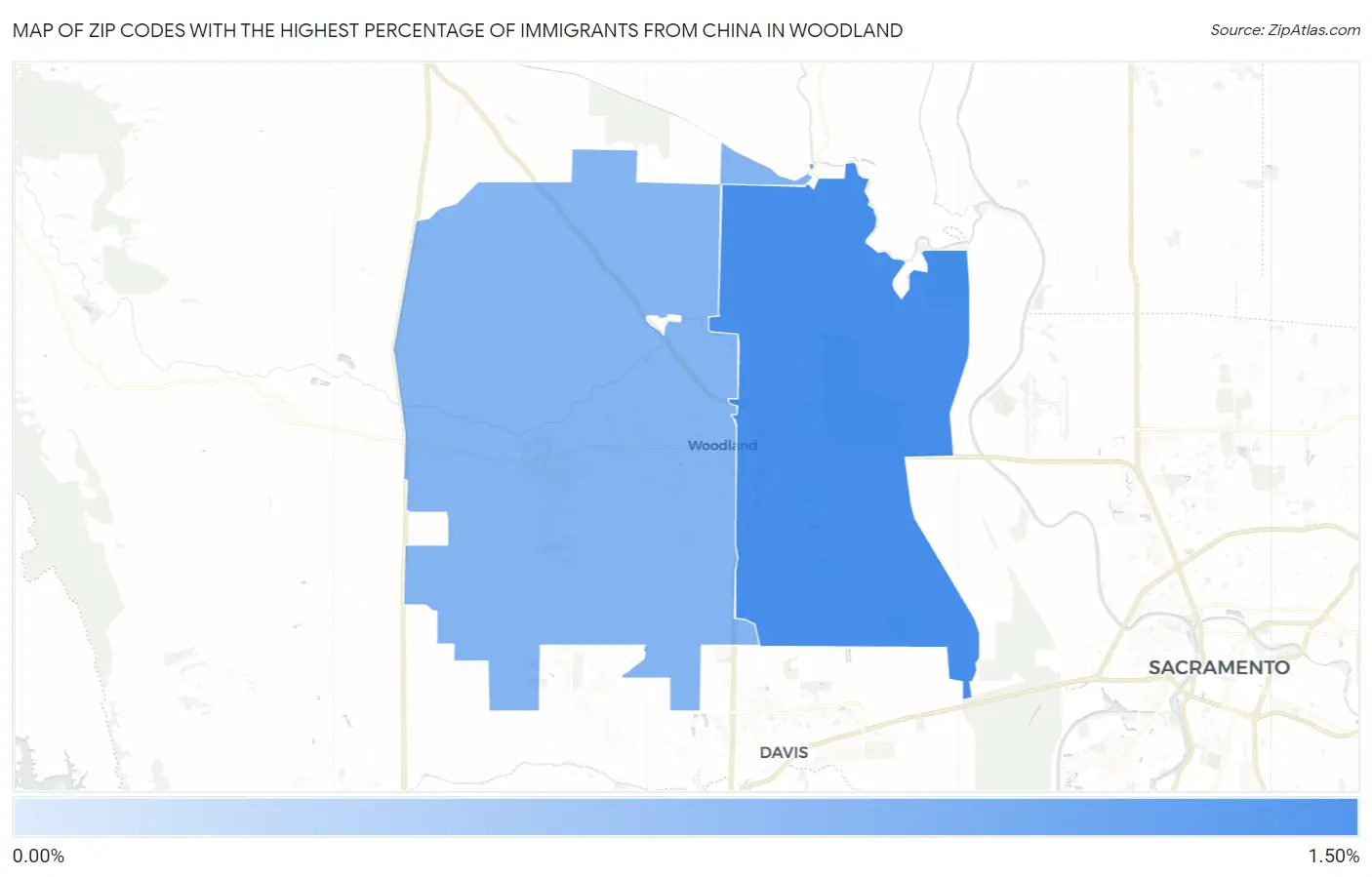 Zip Codes with the Highest Percentage of Immigrants from China in Woodland Map