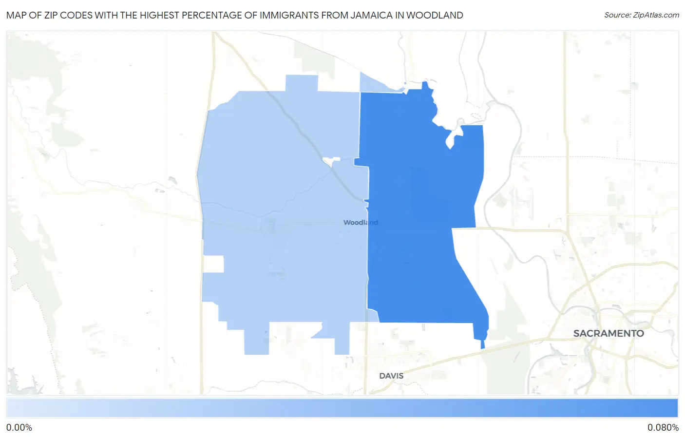 Zip Codes with the Highest Percentage of Immigrants from Jamaica in Woodland Map