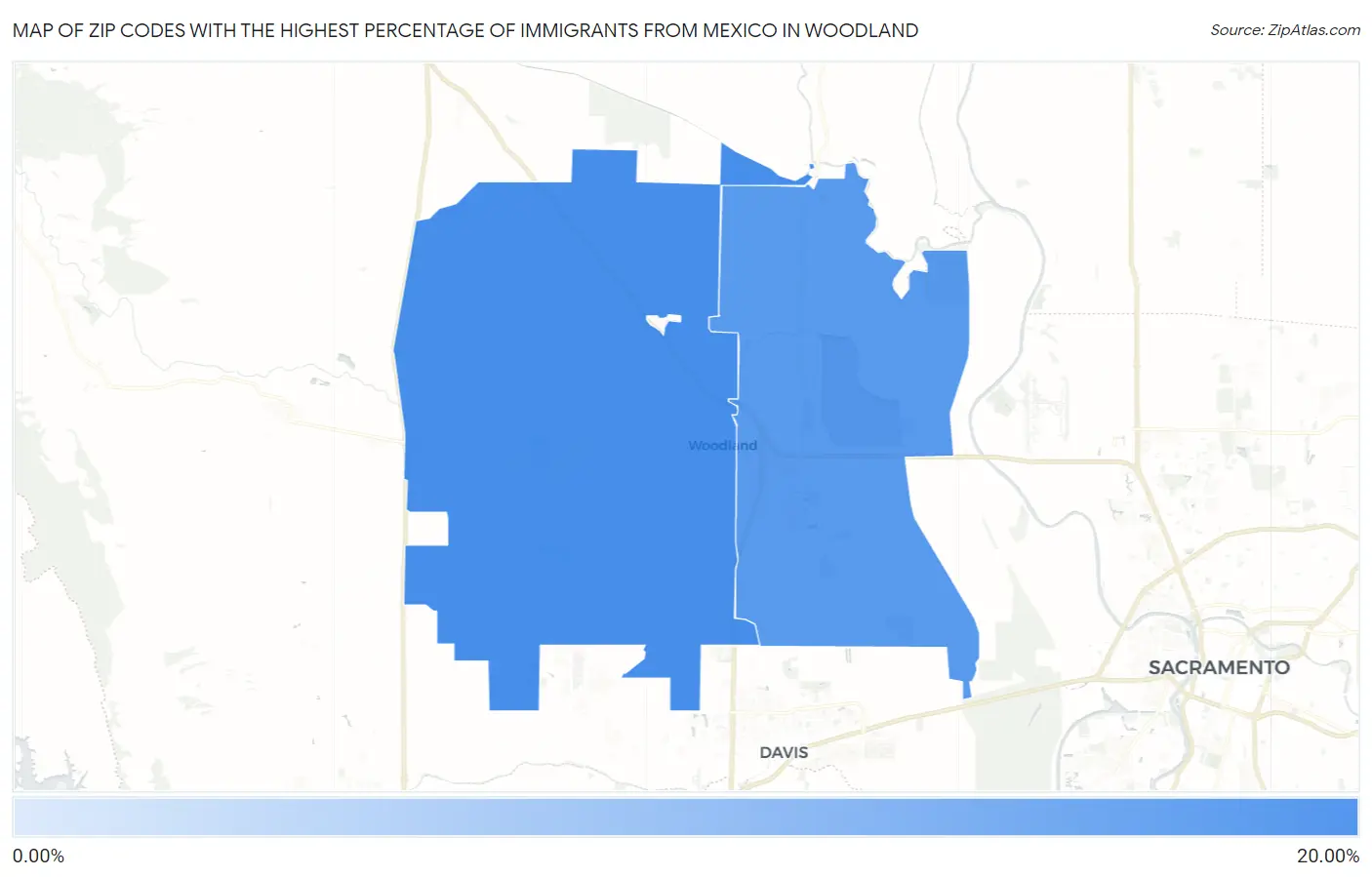 Zip Codes with the Highest Percentage of Immigrants from Mexico in Woodland Map