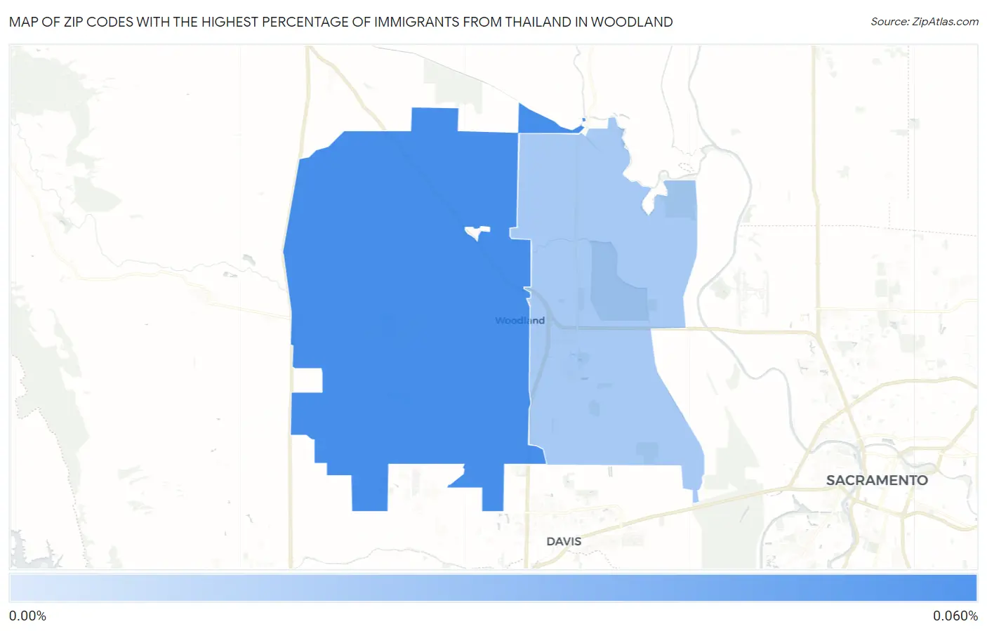 Zip Codes with the Highest Percentage of Immigrants from Thailand in Woodland Map