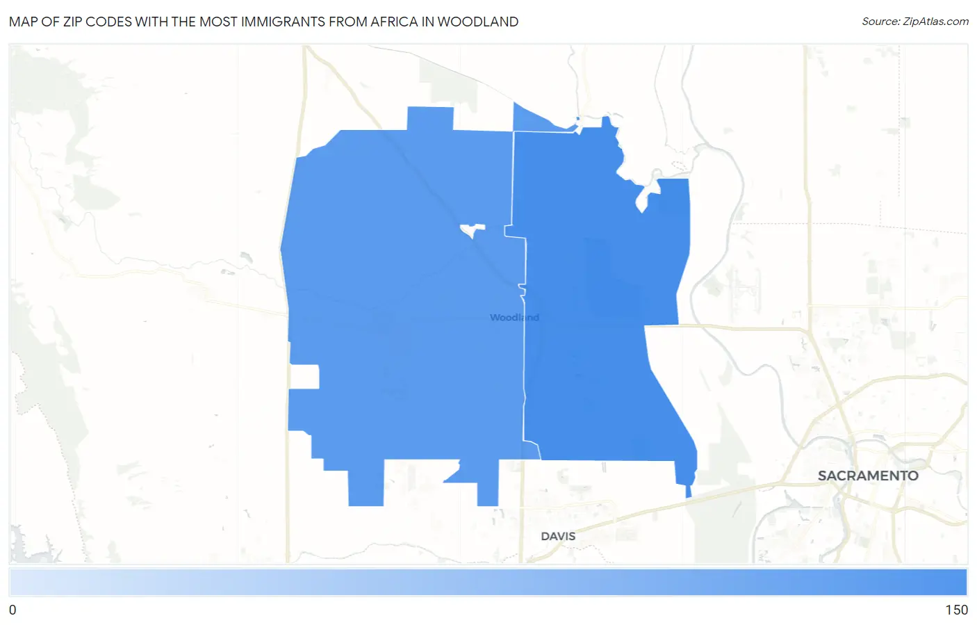 Zip Codes with the Most Immigrants from Africa in Woodland Map