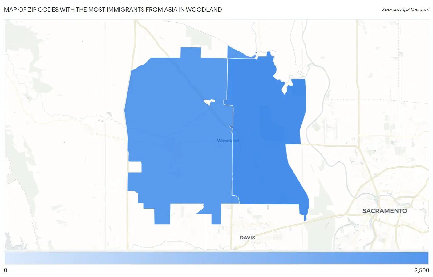 Zip Codes with the Most Immigrants from Asia in Woodland Map
