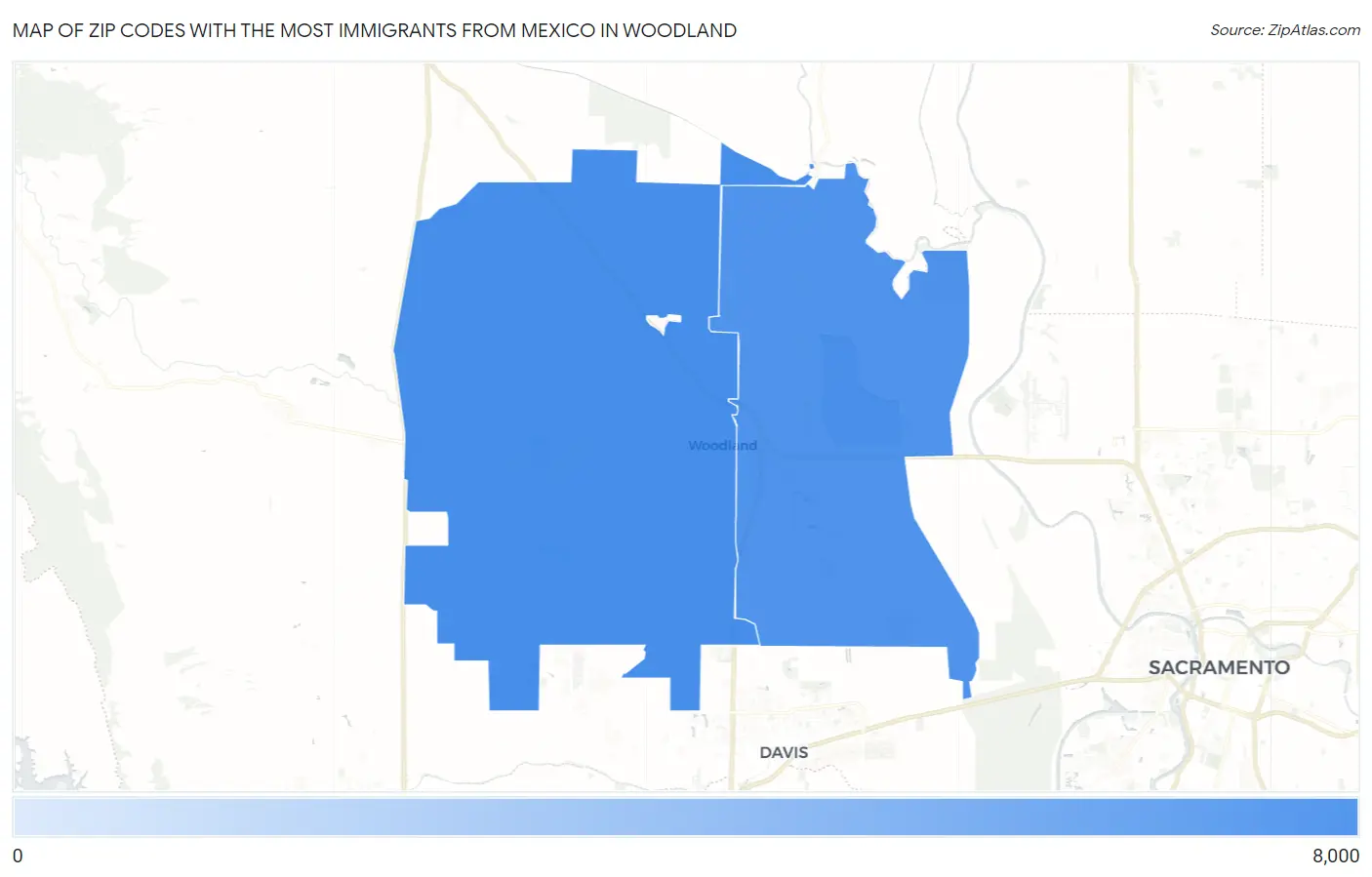 Zip Codes with the Most Immigrants from Mexico in Woodland Map