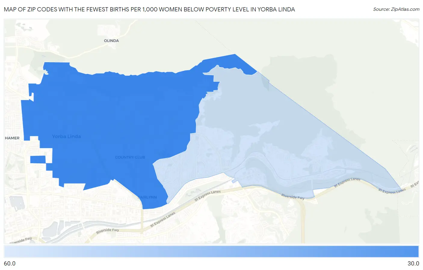 Zip Codes with the Fewest Births per 1,000 Women Below Poverty Level in Yorba Linda Map